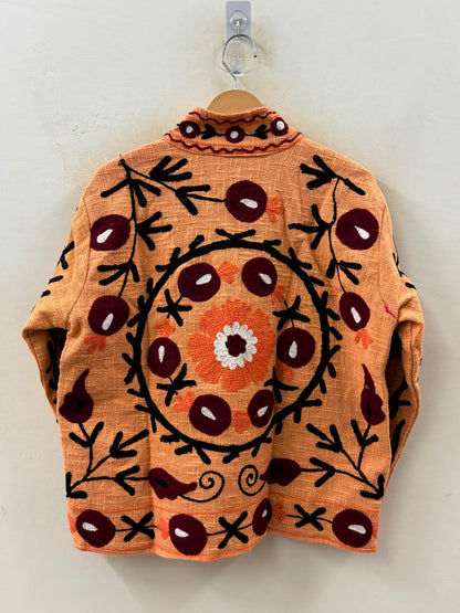 The Marigold Suzani — Hand-Embroidered Cotton Jacket — Saffron with Wine & Ivory Blooms
