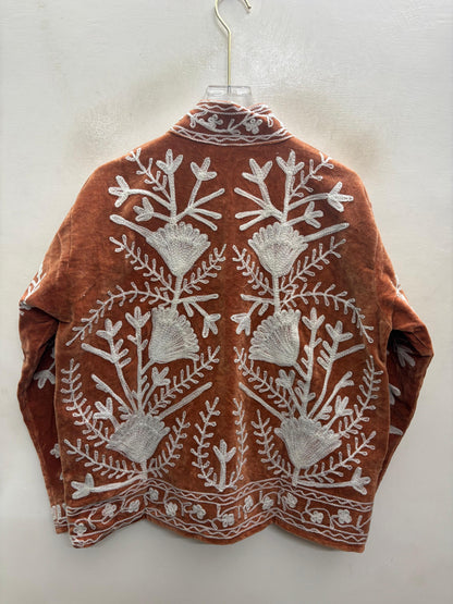 The Rustan Tulip — Suzani Hand-Embroidered Velvet Jacket — Rust Brown with Ivory Floral Vinework