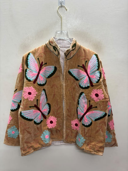 The Parwana Bostan — Suzani Hand-Embroidered Velvet Jacket — Camel Gold with Pink, Turquoise & Maroon Butterflies