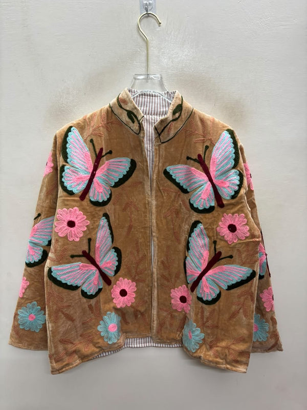 The Parwana Bostan — Suzani Hand-Embroidered Velvet Jacket — Camel Gold with Pink, Turquoise & Maroon Butterflies