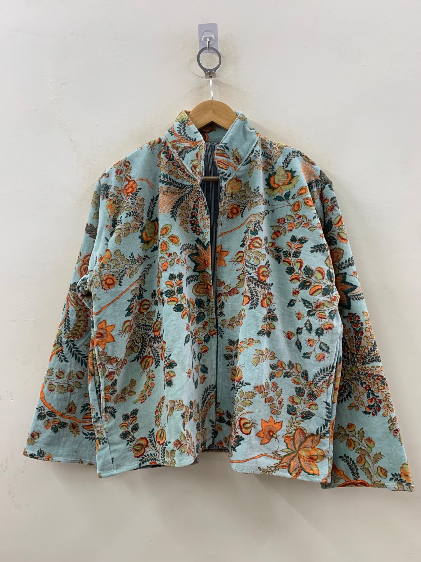 The Mughal Garden — Block-Printed Quilted Velvet Jacket — Dusty Aqua & Autumn Bloom - Default Title - Zoshak Jacket