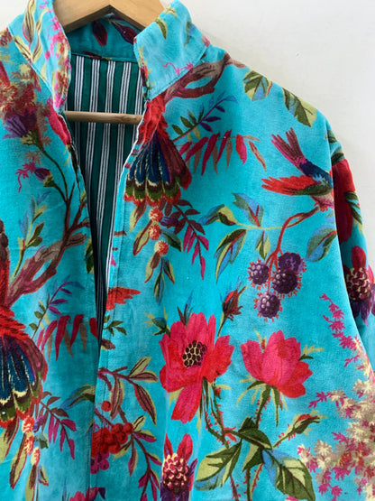 The Turquoise Garden — Printed Velvet Jacket — Turquoise with Botanical Bird Print - Default Title - Zoshak Jacket