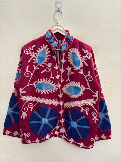 The Samarkand Bloom — Suzani Hand-Embroidered Cotton Jacket — Deep Maroon with Cornflower Blue