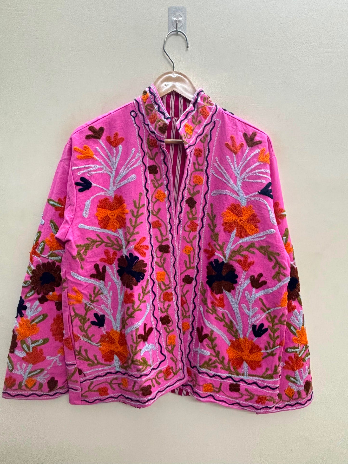 The Marigold Bloom — Suzani Embroidered Cotton Jacket — Fuchsia Pink