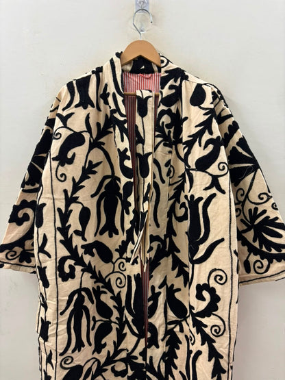 The Tulip Vine Kimono — Suzani Hand-Embroidered Cotton Jacket — Ivory & Ebony