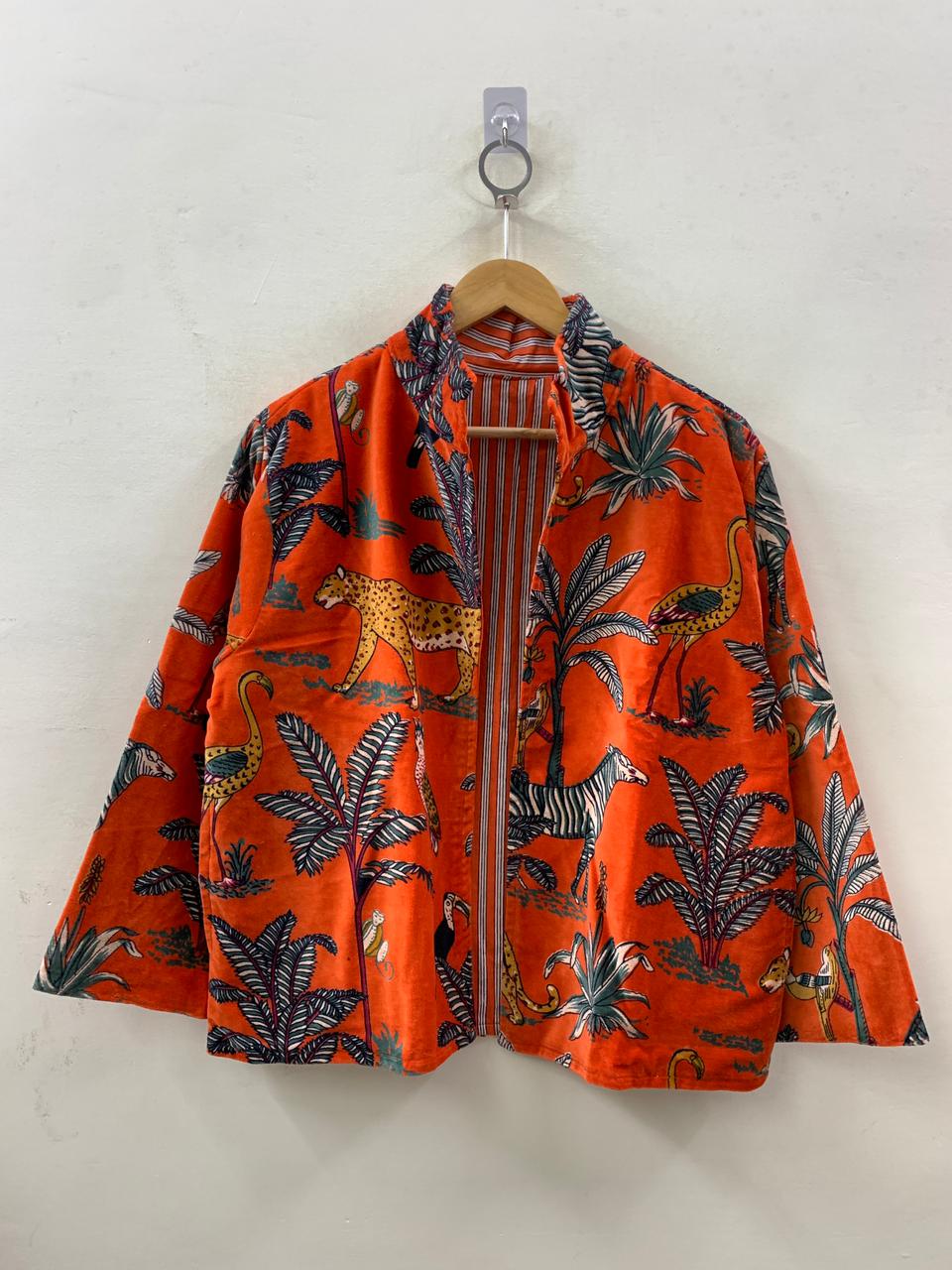 The Savanna Dusk — Block Printed Velvet Jacket — Burnt Tangerine - Default Title - Zoshak Jacket