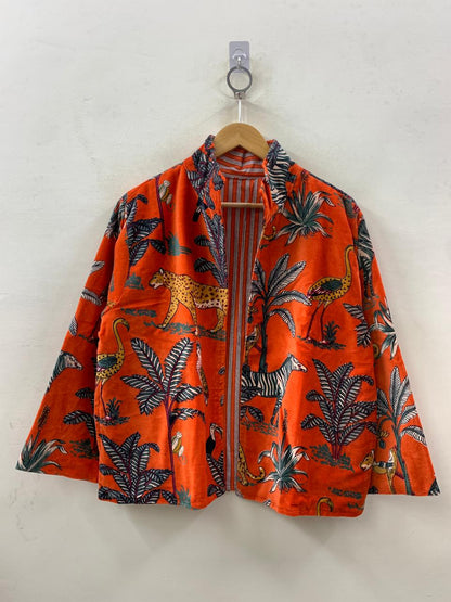 The Savanna Dusk — Block Printed Velvet Jacket — Burnt Tangerine - Default Title - Zoshak Jacket