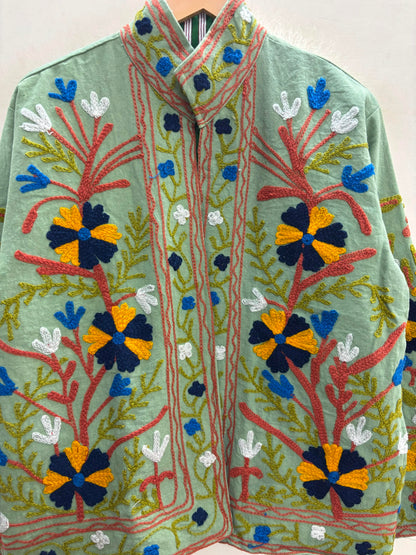 The Sage Meadow — Suzani Embroidered Cotton Jacket — Pistachio Green