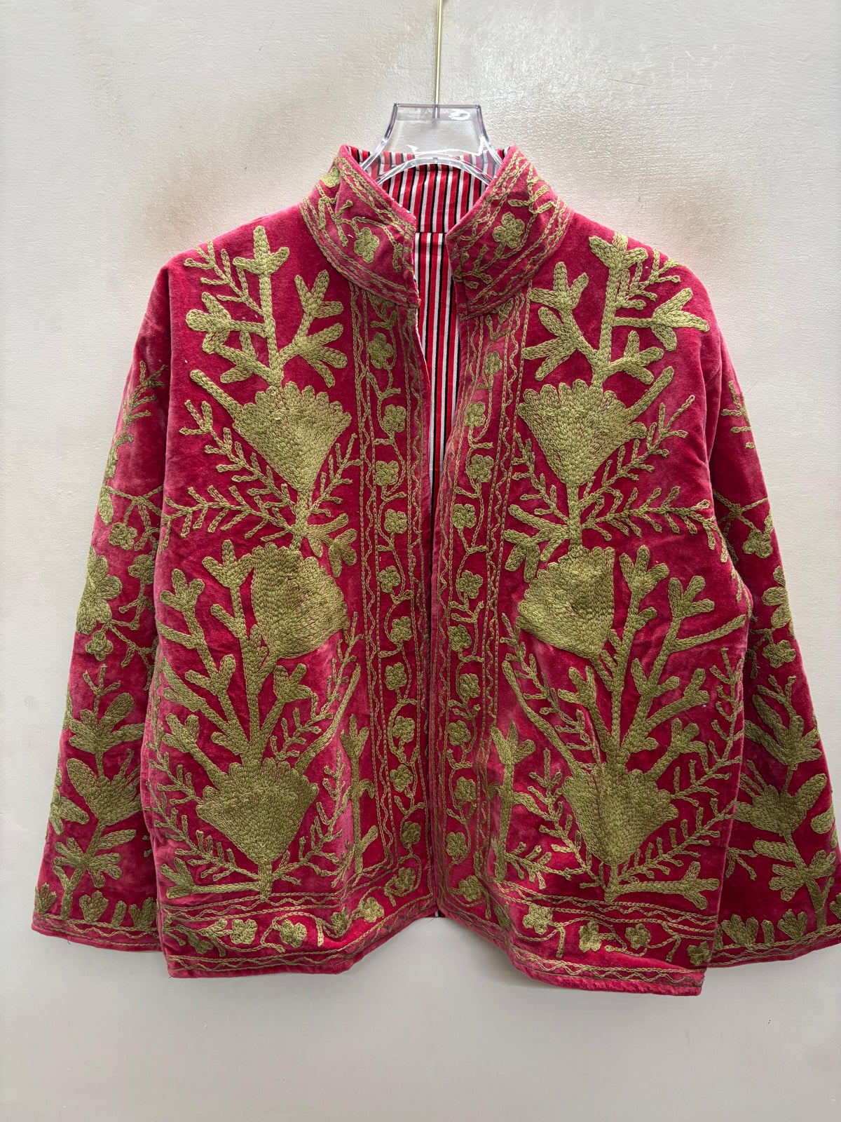 The Anarkali Vine — Suzani Hand-Embroidered Velvet Jacket — Rani Pink with Olive Gold Pomegranates