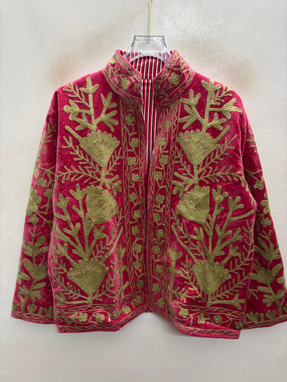 The Anarkali Vine — Suzani Hand-Embroidered Velvet Jacket — Rani Pink with Olive Gold Pomegranates