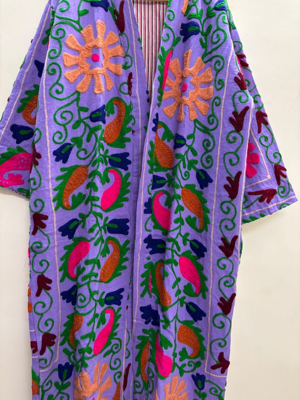 The Lavender Bagh — Suzani Hand-Embroidered Cotton Long Jacket — Lilac with Marigold & Fuchsia Florals