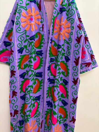 The Lavender Bagh — Suzani Hand-Embroidered Cotton Long Jacket — Lilac with Marigold & Fuchsia Florals
