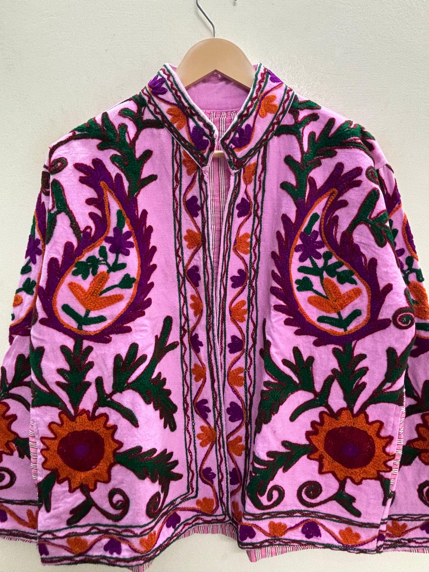 The Orchid Bostan — Suzani Embroidered Cotton Jacket — Pink with Paisley & Sunflower Motifs