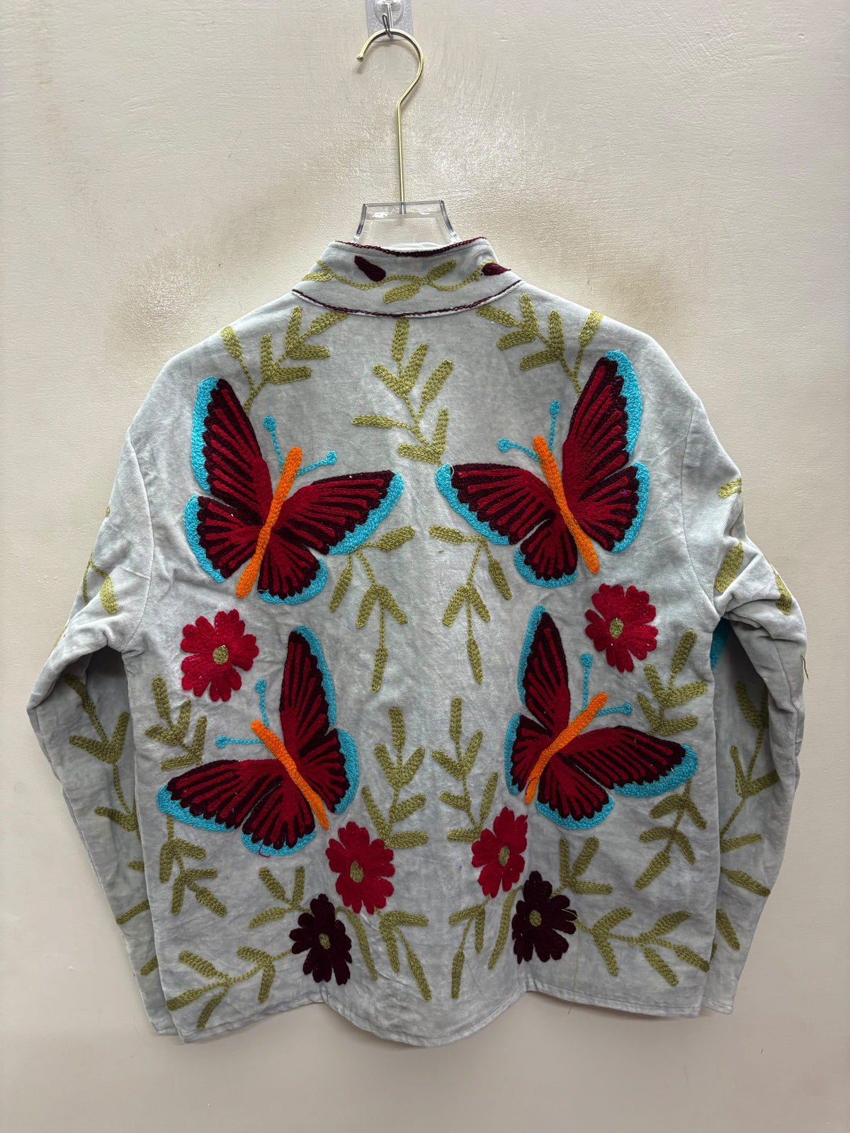 The Titli Chandni — Suzani Hand-Embroidered Velvet Jacket — Ice Grey with Crimson Butterflies & Ruby Florals