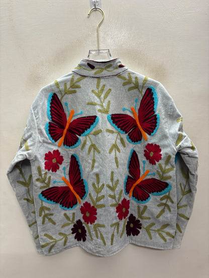 The Titli Chandni — Suzani Hand-Embroidered Velvet Jacket — Ice Grey with Crimson Butterflies & Ruby Florals