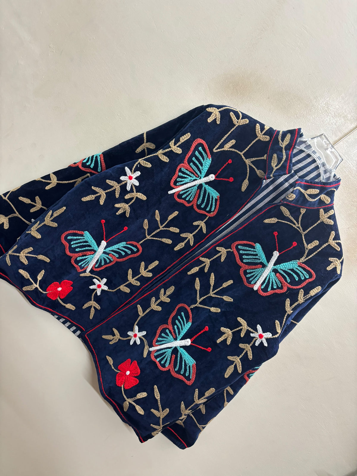 The Titli Bagh — Suzani Hand-Embroidered Velvet Jacket — Midnight Navy with Turquoise Butterflies & Gold Vines