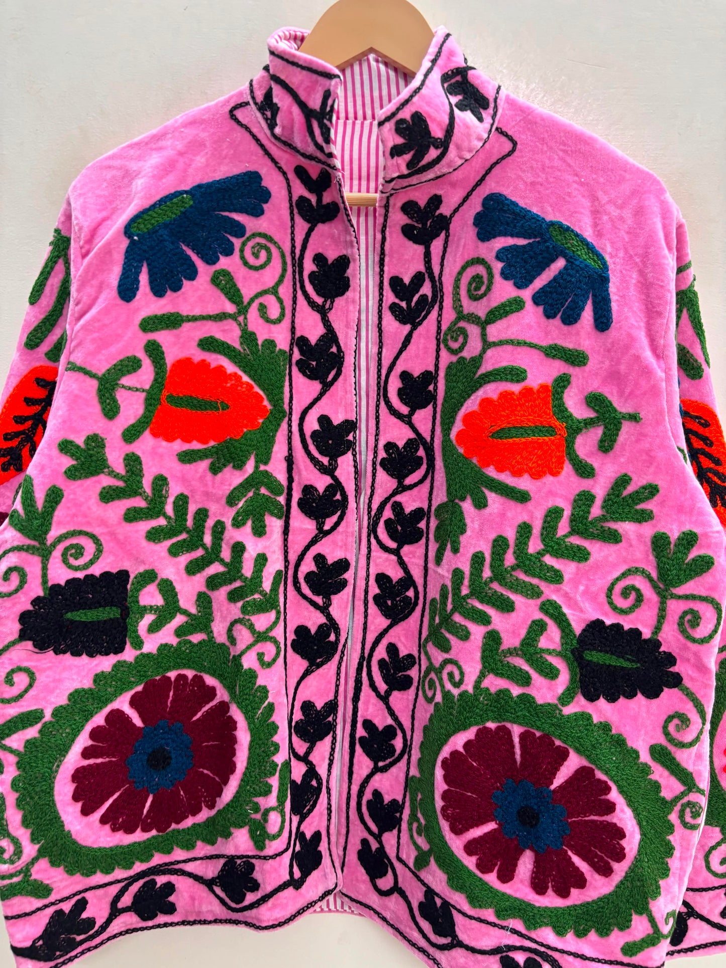The Bibi Blossom — Suzani Embroidered Velvet Jacket — Bubblegum Pink