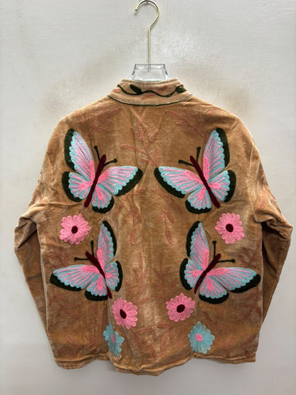 The Parwana Bostan — Suzani Hand-Embroidered Velvet Jacket — Camel Gold with Pink, Turquoise & Maroon Butterflies