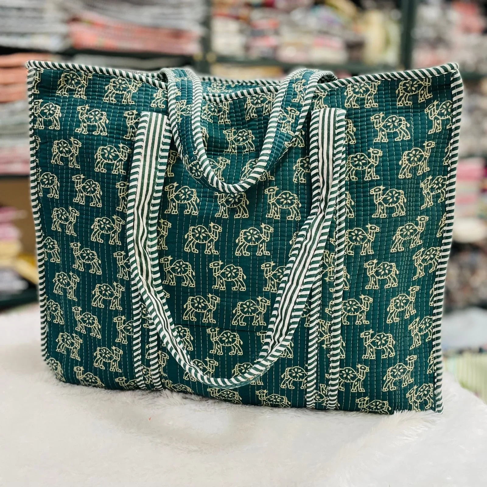 The Jaipur Tote - Green Camel Print Tote - Zoshak Hand-Block Print · Cotton Quilted
