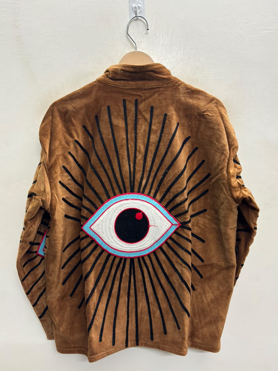 The Netra Sunburst — Hand-Embroidered Velvet Jacket — Cognac Brown with Turquoise Eye Motifs