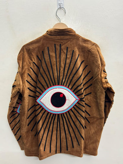 The Netra Sunburst — Hand-Embroidered Velvet Jacket — Cognac Brown with Turquoise Eye Motifs