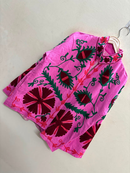 The Bibi Blossom — Suzani Hand-Embroidered Cotton Jacket — Fuchsia Pink with Maroon & Forest Green Florals