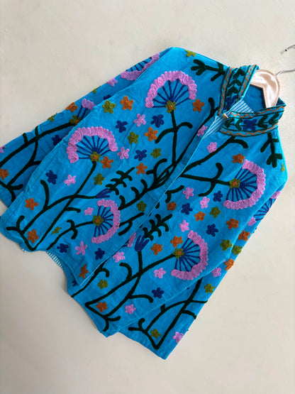 The Turquoise Meadow — Suzani-Embroidered Cotton Jacket — Sky Blue with Blush Pink & Indigo Florals