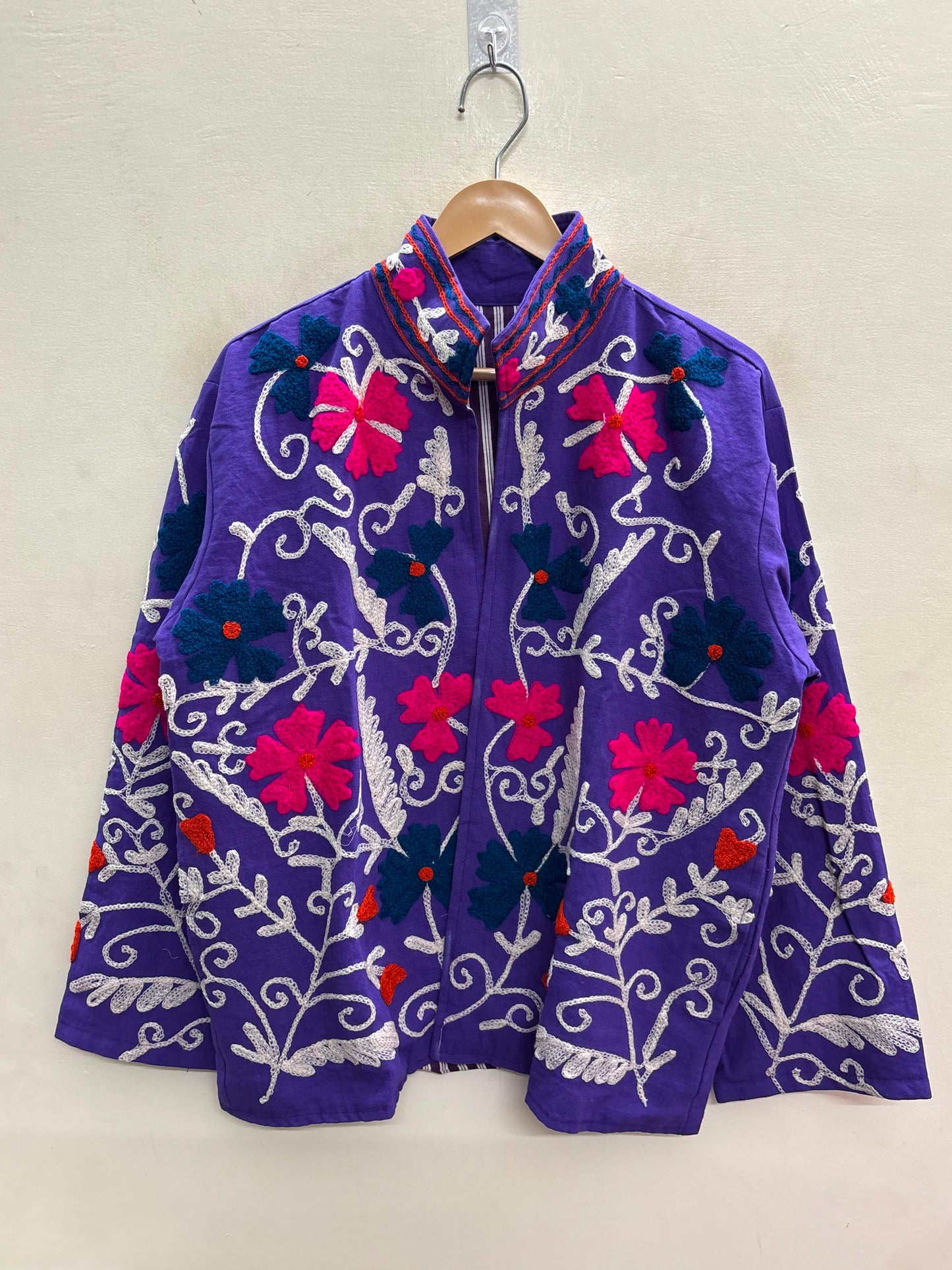 The Violet Suzani — Hand-Embroidered Cotton Jacket — Deep Purple with Fuchsia & Teal Florals