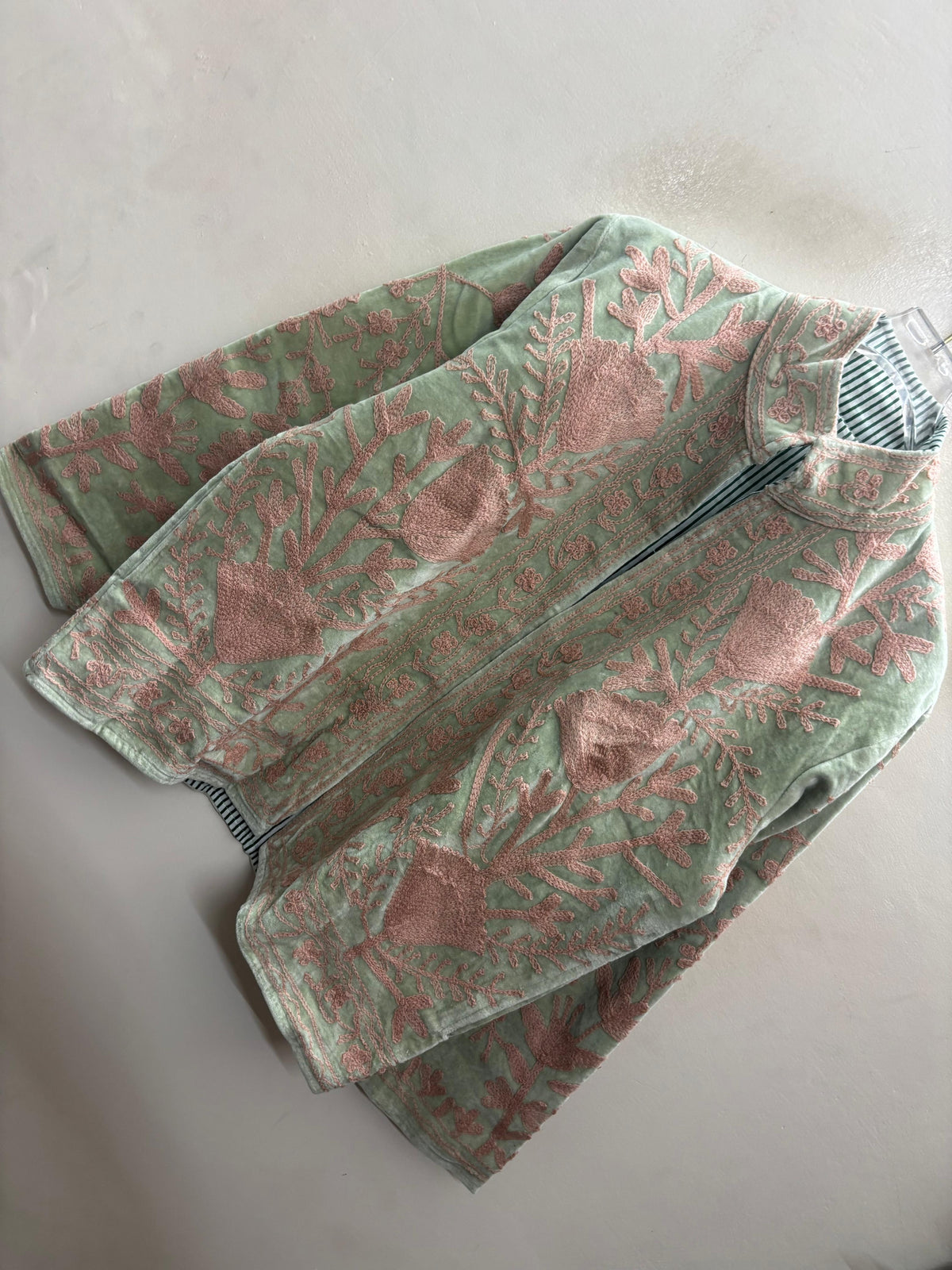 The Nasreen Orchard — Suzani Hand-Embroidered Velvet Jacket — Sage Green with Dusty Rose Florals