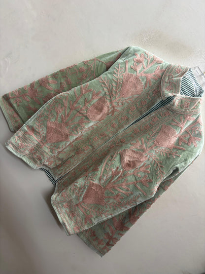 The Nasreen Orchard — Suzani Hand-Embroidered Velvet Jacket — Sage Green with Dusty Rose Florals