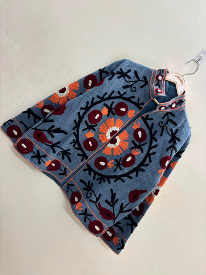 The Chambelí Suzani — Hand-Embroidered Cotton Jacket — Dusty Blue with Maroon & Coral Bloom