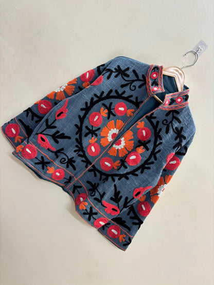 The Samarkand Bloom — Suzani Hand-Embroidered Cotton Jacket — Slate Blue with Coral & Marigold Florals