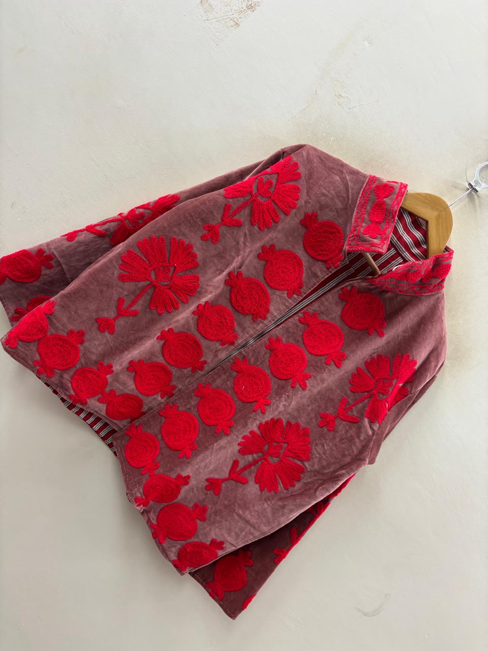 The Gulbahar — Suzani Hand-Embroidered Velvet Jacket — Dusty Rose & Crimson