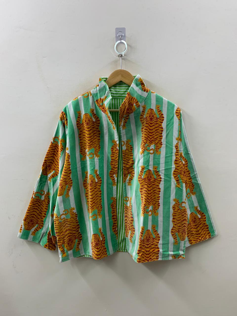 The Tiger Stripe — Block Printed Cotton Jacket — Mint Stripe & Saffron - Default Title - Zoshak Jacket