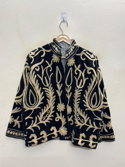 The Lalezar — Suzani-Embroidered Velvet Jacket — Black with Ivory Tulip Vine Embroidery