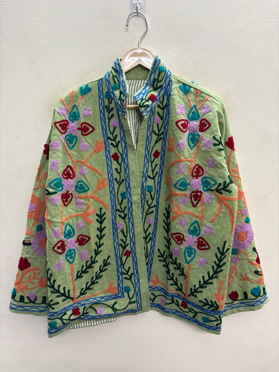 The Sage Meadow — Suzani-Inspired Hand Embroidered Cotton Jacket — Pistachio Green with Coral, Lilac & Cerulean Florals