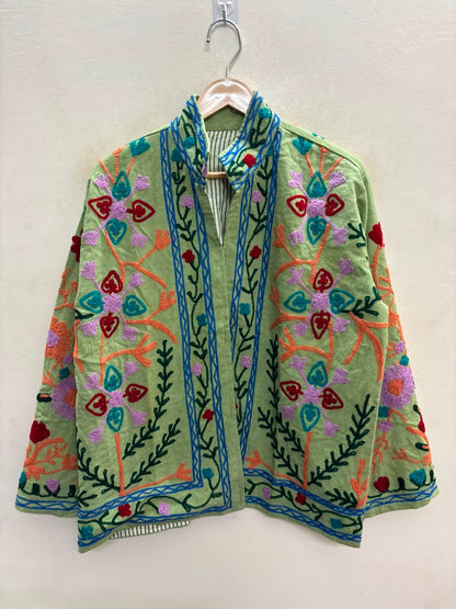 The Sage Meadow — Suzani-Inspired Hand Embroidered Cotton Jacket — Pistachio Green with Coral, Lilac & Cerulean Florals