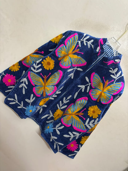 The Parwana Raat — Suzani Hand-Embroidered Velvet Jacket — Midnight Navy with Marigold & Fuchsia Butterflies