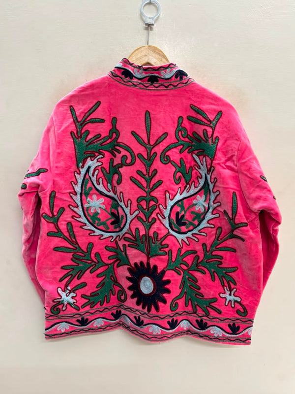 The Bagh-e-Rajasthan — Suzani Embroidered Velvet Jacket — Rani Pink