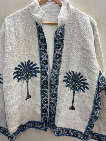 The Khejri Oasis — Hand-Embroidered Cotton Jacket — Undyed Ivory with Indigo Palm