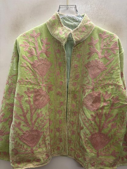 The Pista Bostan — Suzani Hand-Embroidered Velvet Jacket — Pistachio Green with Dusty Rose Florals