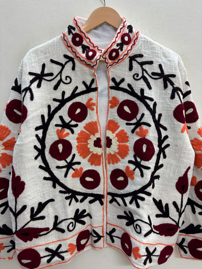 The Samarkand Bloom — Suzani Embroidered Cotton Jacket — Ivory with Burgundy & Rust Medallions