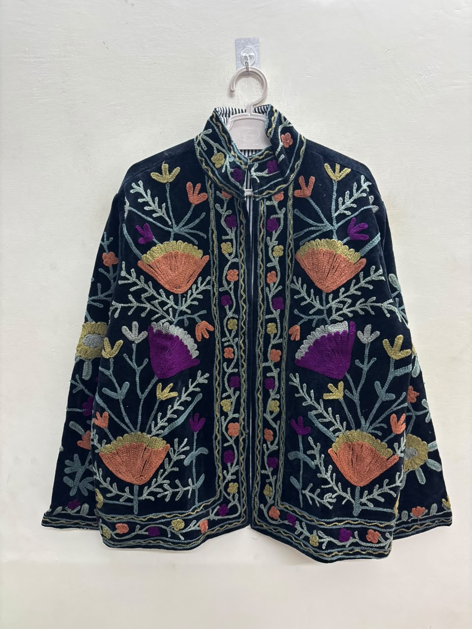 The Midnight Suzani — Hand-Embroidered Velvet Jacket — Ink Black with Marigold, Terracotta & Magenta Blooms