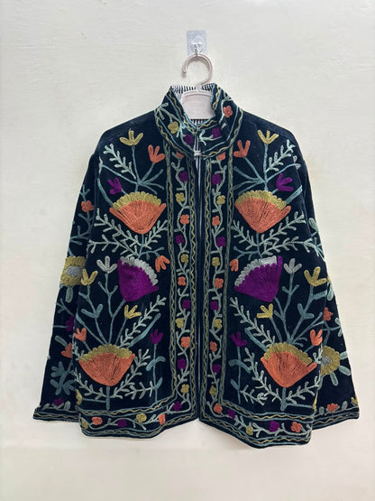 The Midnight Suzani — Hand-Embroidered Velvet Jacket — Ink Black with Marigold, Terracotta & Magenta Blooms