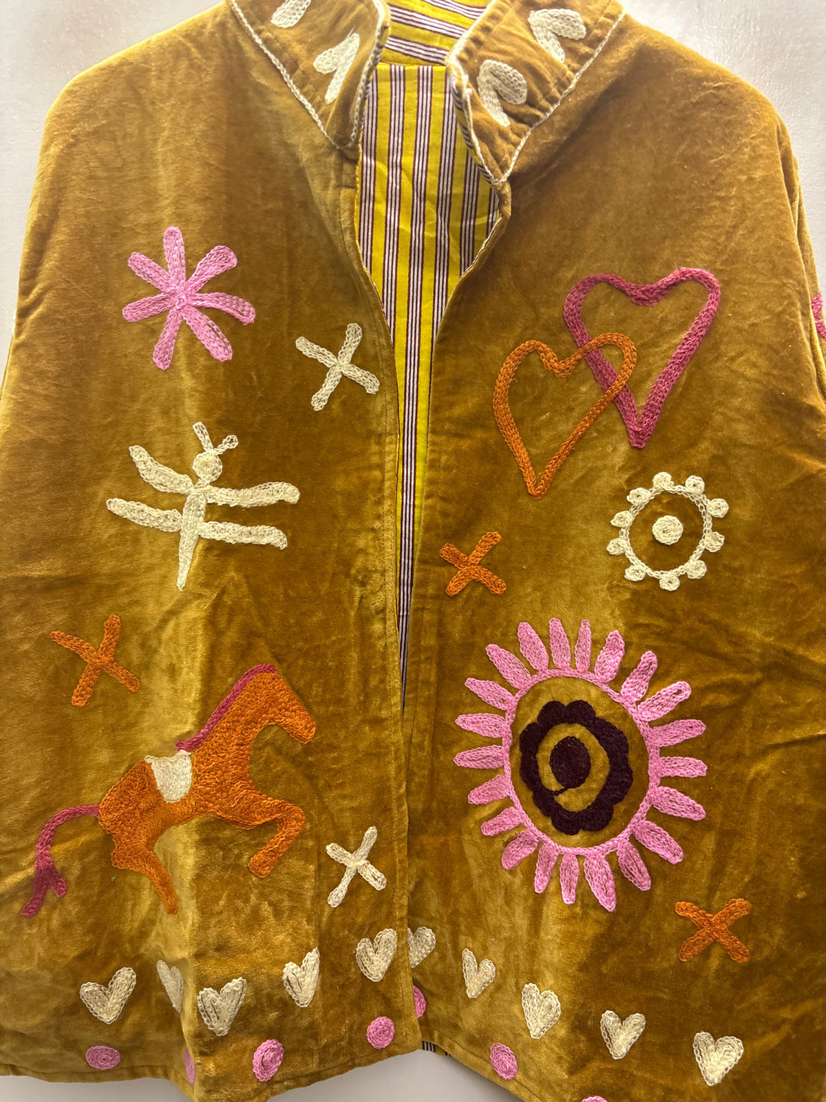 The Chidiya Bagh — Suzani Hand-Embroidered Velvet Jacket — Mustard Gold with Ivory Hummingbird & Rose Florals