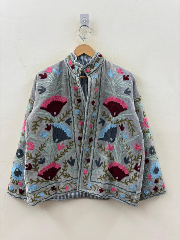 The Gulbadan Silver — Hand Suzani Embroidered Velvet Jacket — Grey-Silver Base