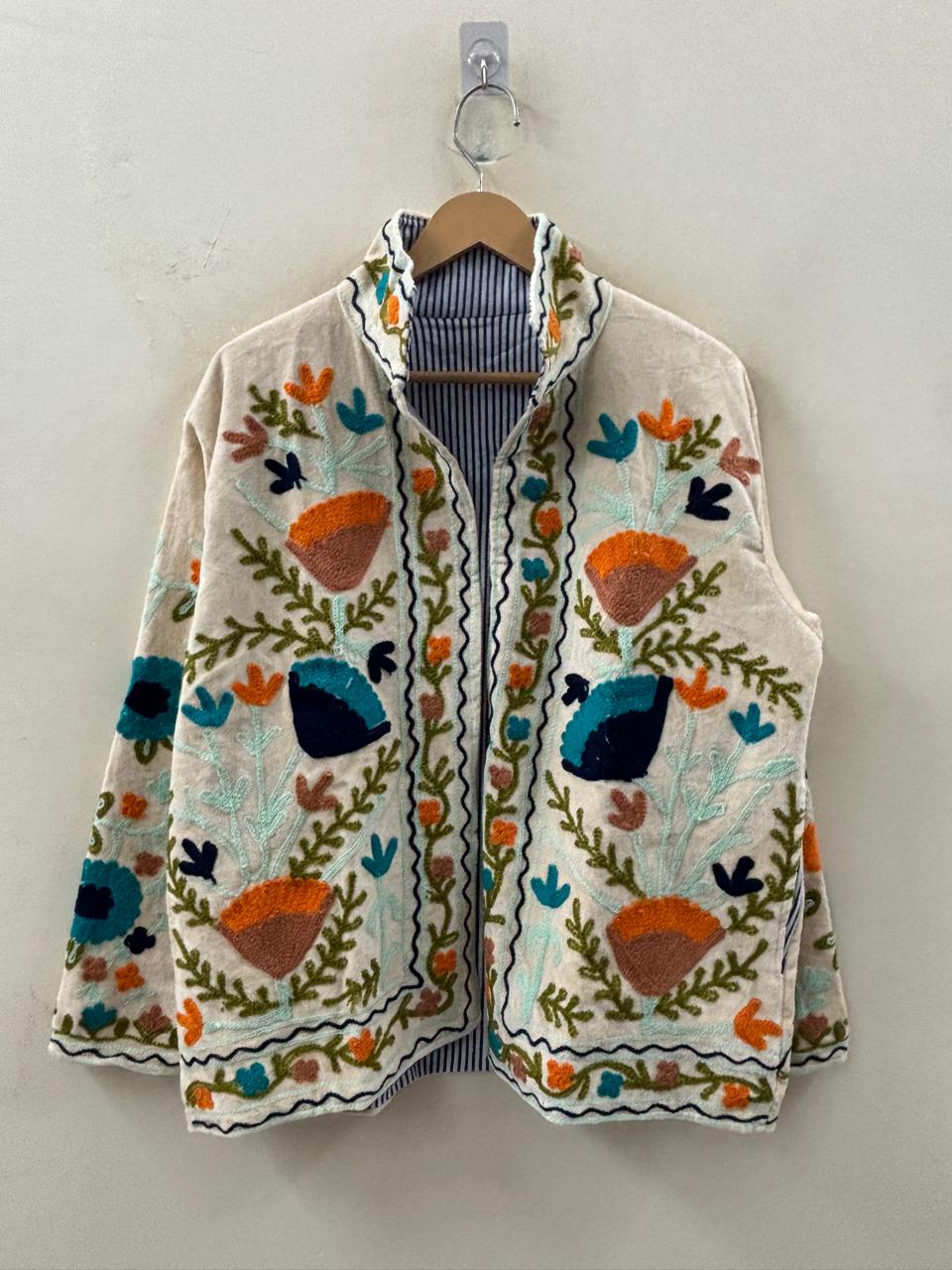 The Samarkand Bloom — Suzani Embroidered Velvet Jacket — Ivory with Terracotta & Teal
