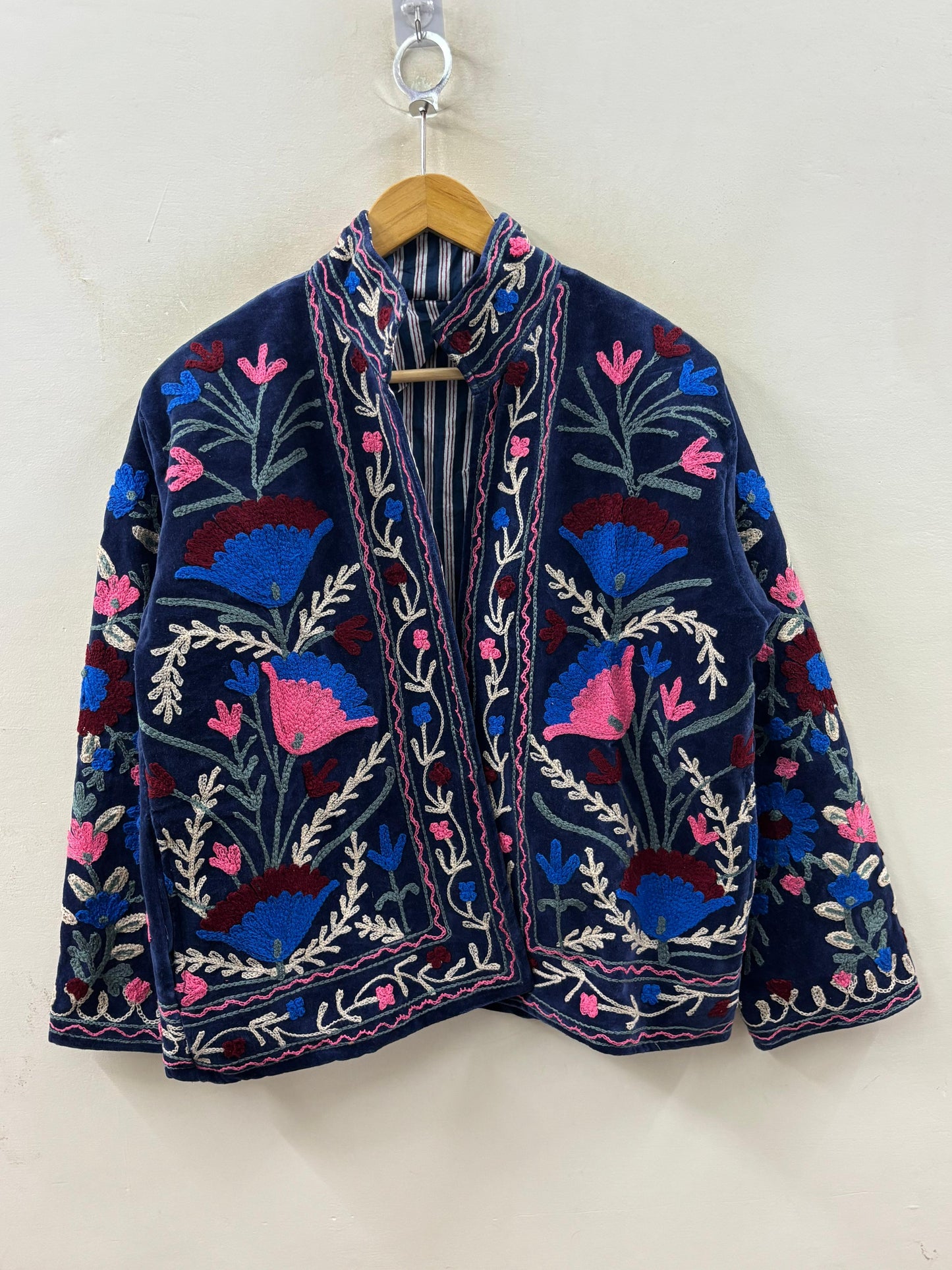 Suzani hand-embroidered indigo velvet jacket with floral bloom motifs, artisan chain-stitch embroidery handcrafted in Jaipur | Zoshak