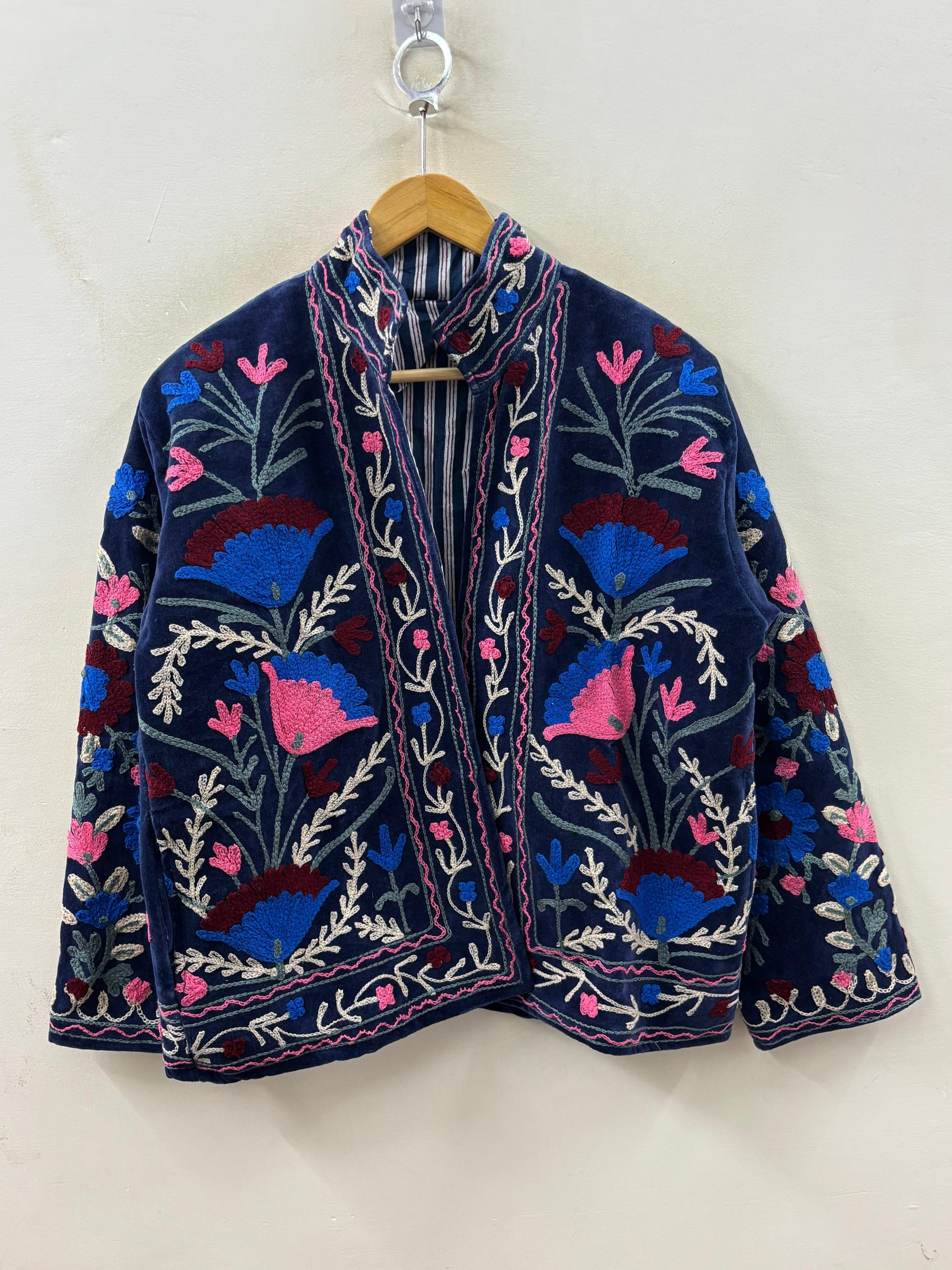 Suzani hand-embroidered indigo velvet jacket with floral bloom motifs, artisan chain-stitch embroidery handcrafted in Jaipur | Zoshak