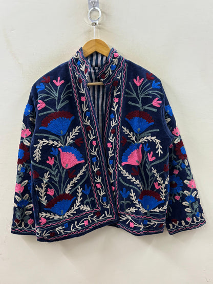 Suzani hand-embroidered indigo velvet jacket with floral bloom motifs, artisan chain-stitch embroidery handcrafted in Jaipur | Zoshak